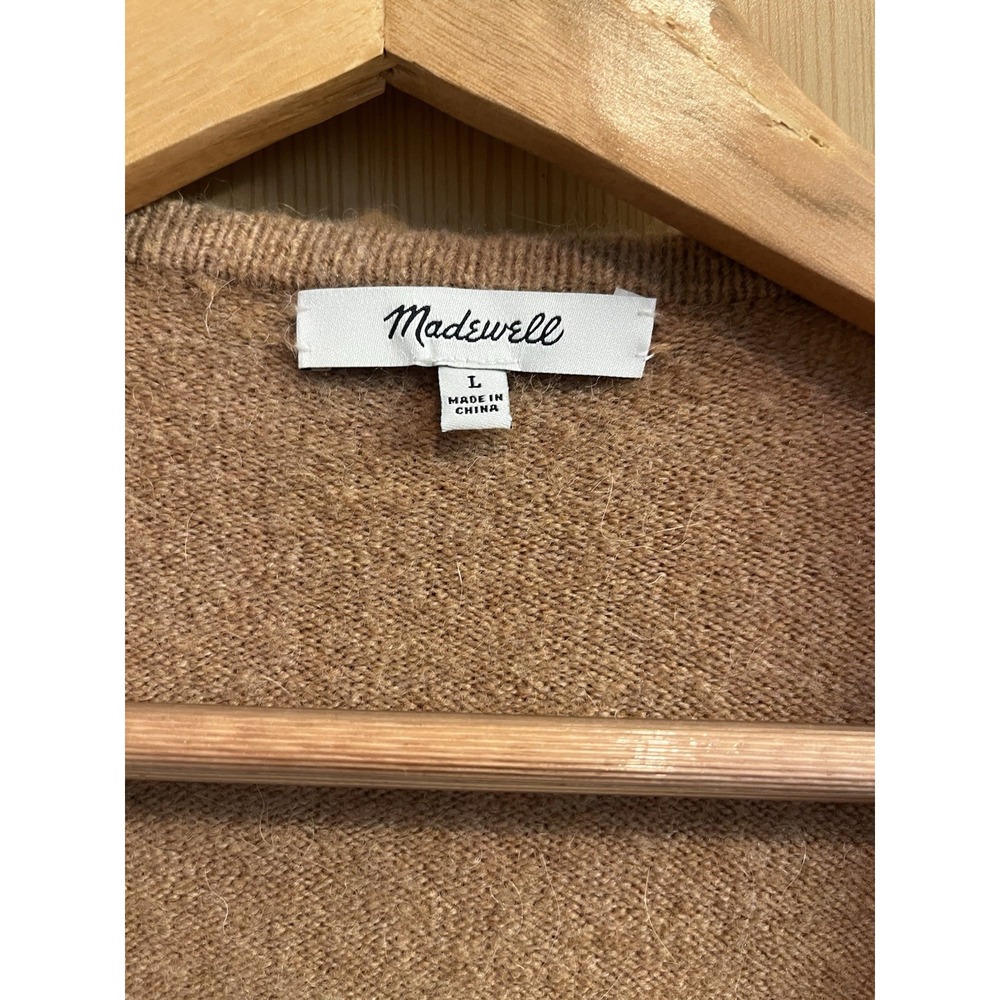 Madewell Cardigan Women L Tan Navy Blue Wool Alpaca Colorblock Open Front Pocket - Picture 3 of 8